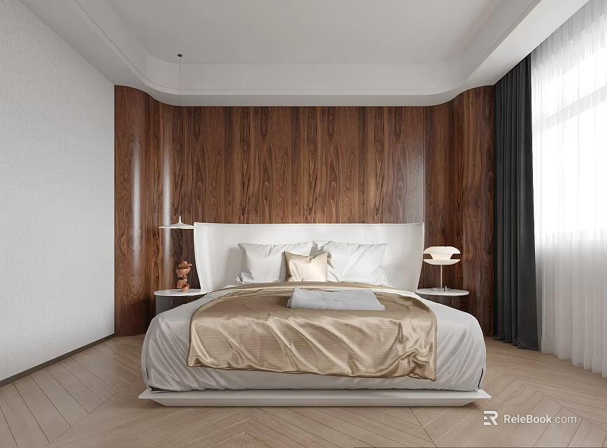 Modern Bedroom With Wooden Wall Paneling White Headboard Gold Bedding And Wooden Floor 3d model 