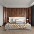 Modern Bedroom With Wooden Wall Paneling White Headboard Gold Bedding And Wooden Floor
