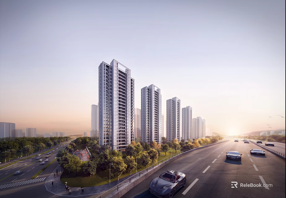 High Rise Residential Buildings With Modern Design Road Cars And Greenery At Sunset 3d model 