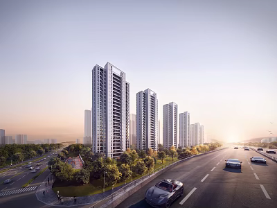 High Rise Residential Buildings With Modern Design Road Cars And Greenery At Sunset 3d model