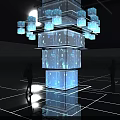 DP Device Featuring Blue Illuminated Cube Structure With Human Figures In Modern Space