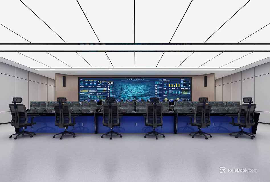 Modern Control Room Featuring Large Display Wall Multiple Monitoring Screens And Workstations 3d model 