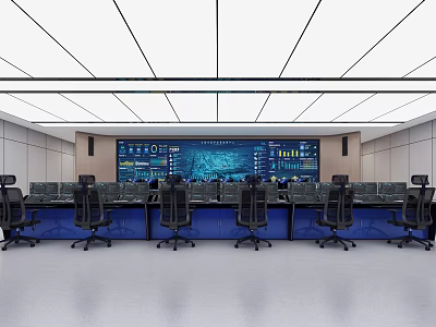 Modern Control Room Featuring Large Display Wall Multiple Monitoring Screens And Workstations 3d model