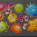 Colorful Cartoon Virus Characters With Diverse Expressions On Gray Grid Background