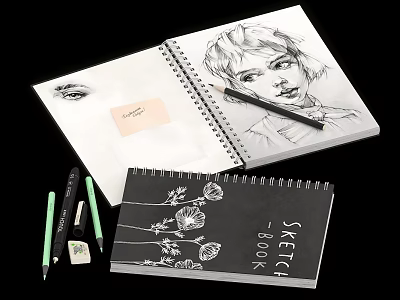 Open Sketchbook with Portrait Sketches Pencil Floral Designs and Sticky Notes 3d model