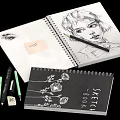 Open Sketchbook with Portrait Sketches Pencil Floral Designs and Sticky Notes