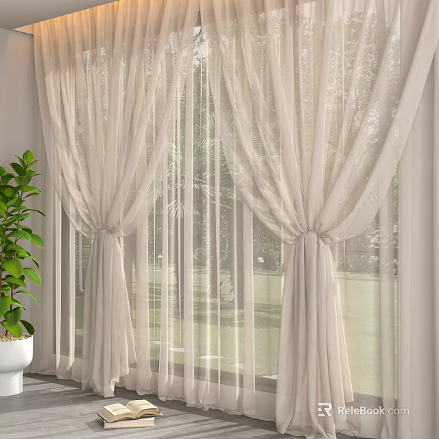 Sheer Ivory Curtains With Tied Design For Elegant Window Decoration And Natural Light 3d model 