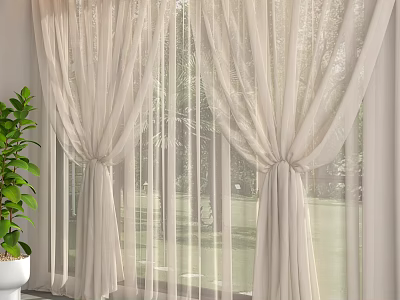 Sheer Ivory Curtains With Tied Design For Elegant Window Decoration And Natural Light 3d model