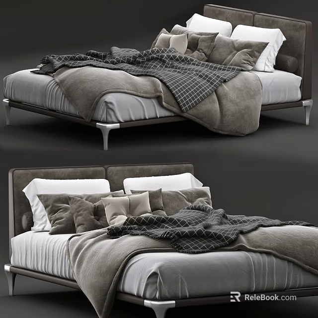 Modern Gray Double Bed With Soft Blanket Plush Pillows And Sleek Metal Legs 3d model 