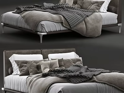 Modern Gray Double Bed With Soft Blanket Plush Pillows And Sleek Metal Legs 3d model