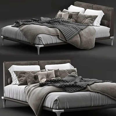 Modern Gray Double Bed With Soft Blanket Plush Pillows And Sleek Metal Legs 3d model