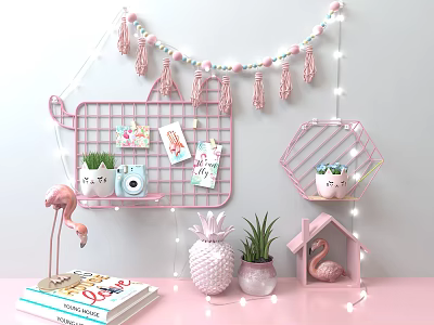 Cute Wall Decor with Pink Grid Hexagon Shelves Flamingo Ornament Green Plants and String Lights 3d model