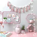 Cute Wall Decor with Pink Grid Hexagon Shelves Flamingo Ornament Green Plants and String Lights