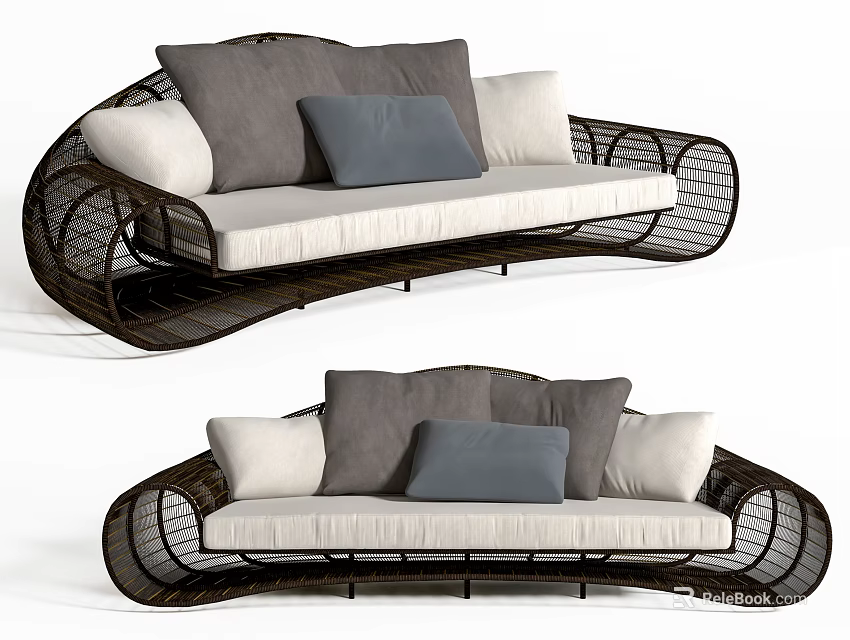 Modern Outdoor Sofa With Wicker Frame White Cushions And Gray Pillows 3d model 