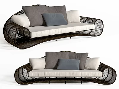 Modern Outdoor Sofa With Wicker Frame White Cushions And Gray Pillows 3d model