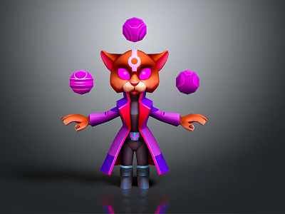 3D Feline Character With Floating Purple Spheres Purple Coat And Pink Accents In Magical Design 3d model