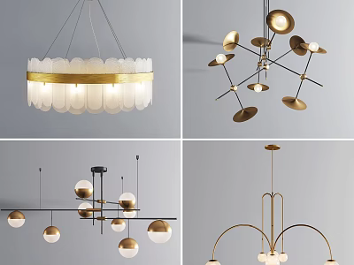 Modern Golden Metal Chandeliers With Geometric Shapes And Circular Light Bulbs 3d model