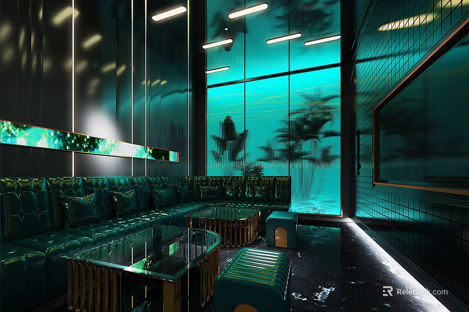 Luxurious Modern KTV Interior With Green Sofa Glass Tables And Ambient Lighting 3d model 
