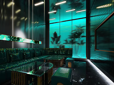 Luxurious Modern KTV Interior With Green Sofa Glass Tables And Ambient Lighting 3d model