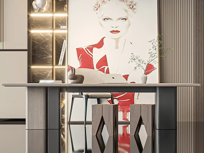 Modern Study Room Interior Design With Wooden Writing Desk And Decorative Art Painting 3d model