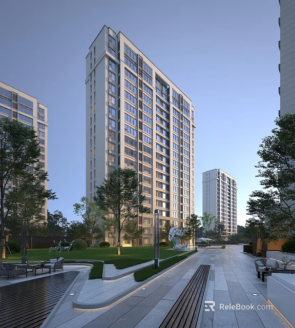 Modern High-Rise Residential Building With Green Lawns Trees Sculpture And Walkway 3d model 