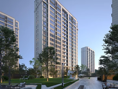 Modern High-Rise Residential Building With Green Lawns Trees Sculpture And Walkway 3d model