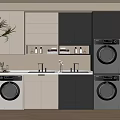Modern Laundry Room With Built in Washing Machines Dryers Sink And Storage Cabinets