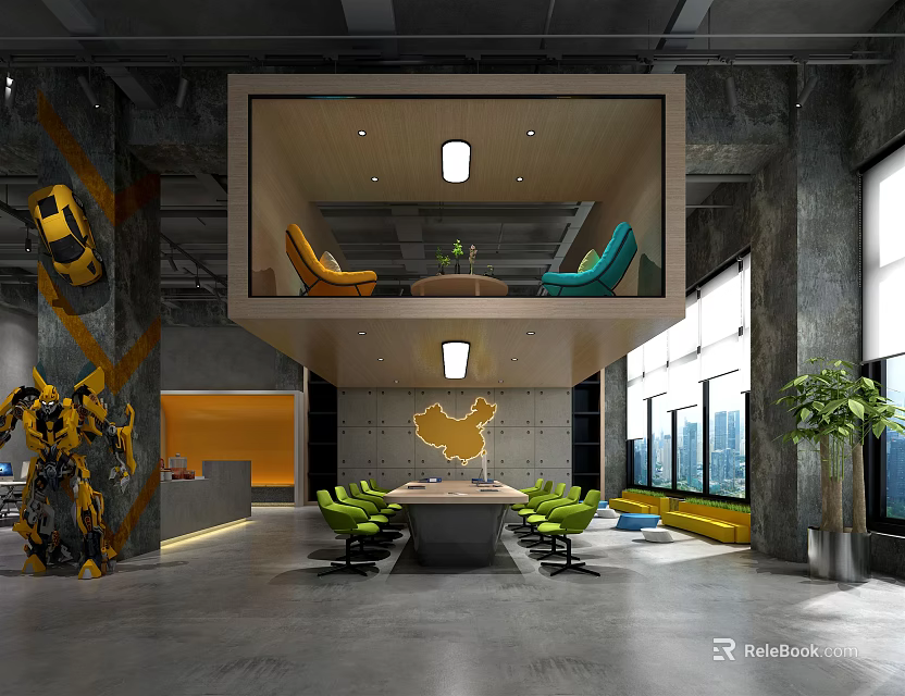 Modern Industrial Conference Room With Long Table Green Chairs And Chinese Map Decoration 3d model 