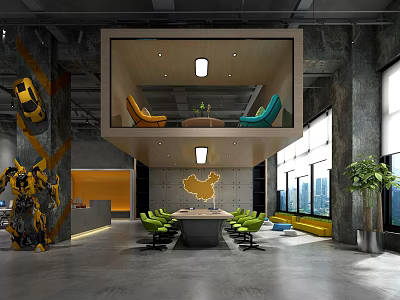 Modern Industrial Conference Room With Long Table Green Chairs And Chinese Map Decoration 3d model