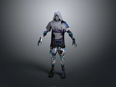 Futuristic Techwear Costume With Hooded Design Blue Accents And Mechanical Details 3d model