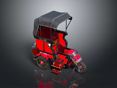 Red Vintage Three Wheeled Rickshaw With Black Canopy And Red Leather Seats 3d model