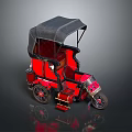 Red Vintage Three Wheeled Rickshaw With Black Canopy And Red Leather Seats