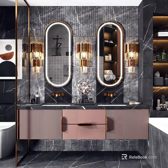 Modern Bathroom Vanity With Pink Cabinet Double Mirrors Marble Wall And Brass Light Fixtures 3d model 