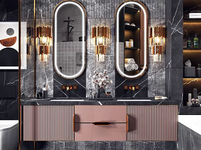 Modern Bathroom Vanity With Pink Cabinet Double Mirrors Marble Wall And Brass Light Fixtures 3d model