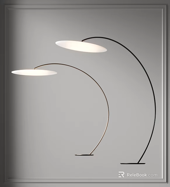 Modern Floor Lamp With Curved Metal Pole And Double White Lampshade In Interior Space Design 3d model 