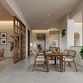 Minimalist Dining Room With Wooden Furniture Pendant Lights And Plants