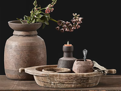 Rustic Clay Vase With Fresh Flowers And Candle On Wooden Table Dark Background 3d model
