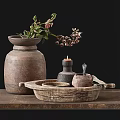 Rustic Clay Vase With Fresh Flowers And Candle On Wooden Table Dark Background