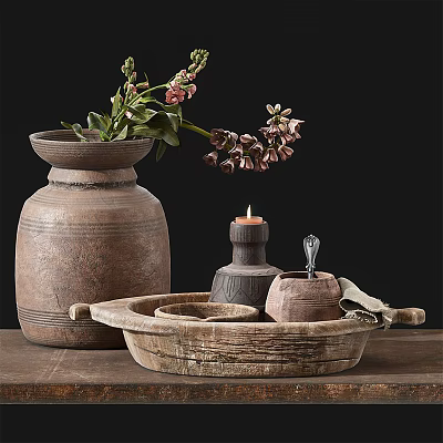 Rustic Clay Vase With Fresh Flowers And Candle On Wooden Table Dark Background 3d model