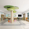 Kindergarten Interior With Green Circular Ceiling Decor Colorful Stools And Educational Murals 3d model