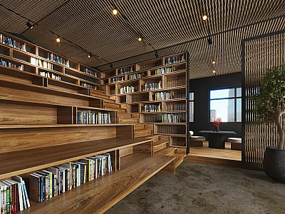 Book Art Interior Design with Wooden Bookshelves Staircase Seating Natural Light and Green Plant 3d model