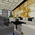 Elegant Leisure Area Interior With Gray Armchairs White Sofa Patterned Carpet And Ceiling Design