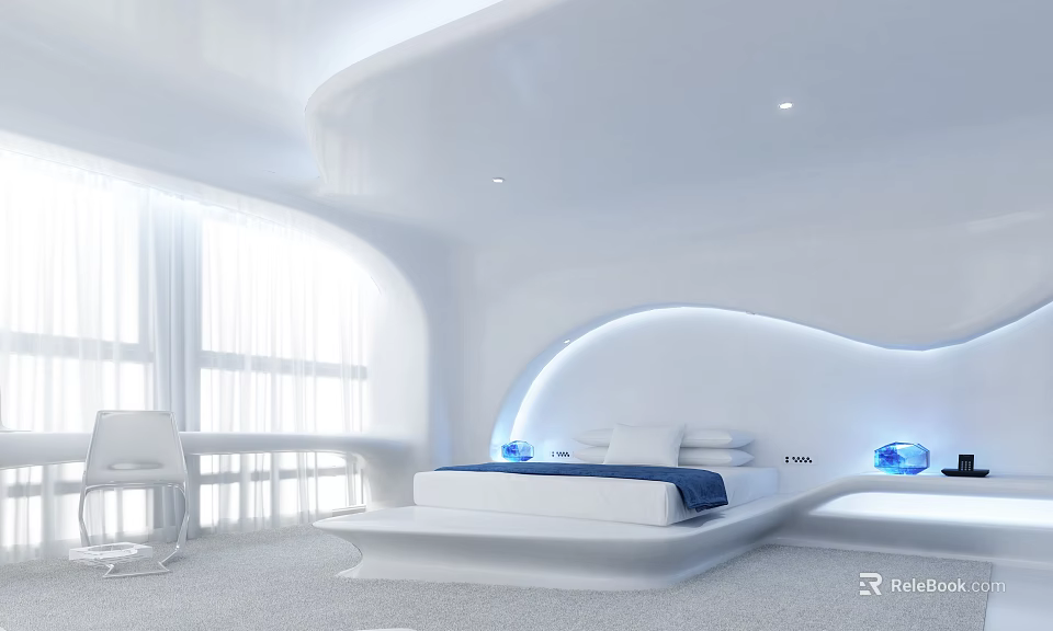 Modern White Bedroom With Curved Design Bed Floor to Ceiling Window Desk Blue Accent Lights 3d model 