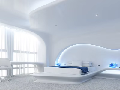 Modern White Bedroom With Curved Design Bed Floor to Ceiling Window Desk Blue Accent Lights 3d model