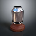 Decorative Shiny Metallic Container With Wooden Base And Cylindrical Shape