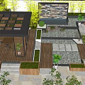 Modern Courtyard Garden Design With Wooden Pergola Wooden Deck Stone Path And Green Plants