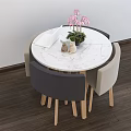 Round White Marble Dining Table with Gray Beige Chairs Wooden Legs Pink Flowers Decor Placemat
