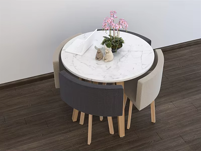 Round White Marble Dining Table with Gray Beige Chairs Wooden Legs Pink Flowers Decor Placemat 3d model