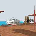 Scenic Marina Landscape Featuring White Yachts Wooden Deck Green Lawn Trees And Steps