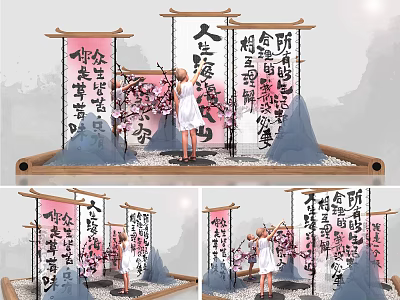 Traditional Japanese Themed Scene With Calligraphy Scrolls Cherry Blossoms And Girl In White Dress 3d model
